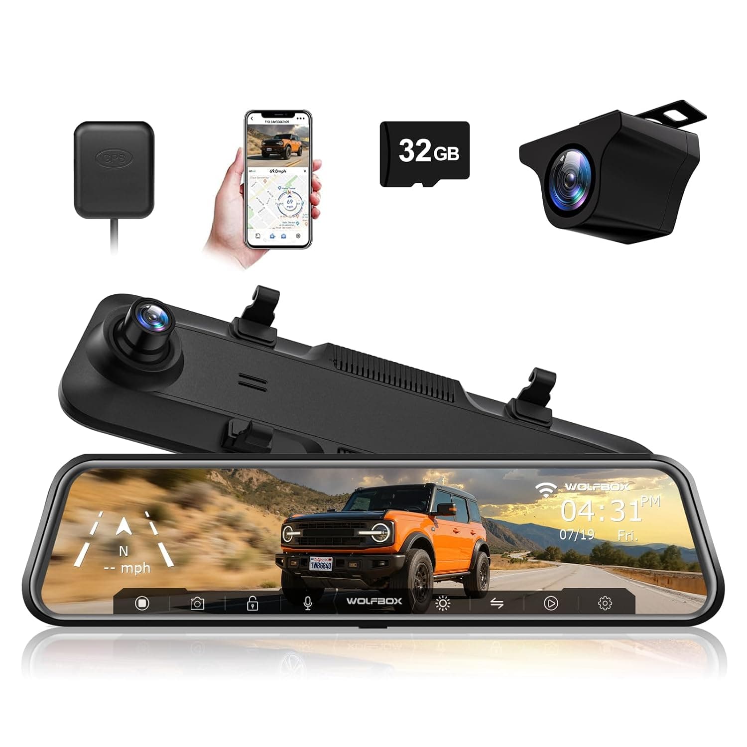 Wolfbox G840H Mirror Dash Cam